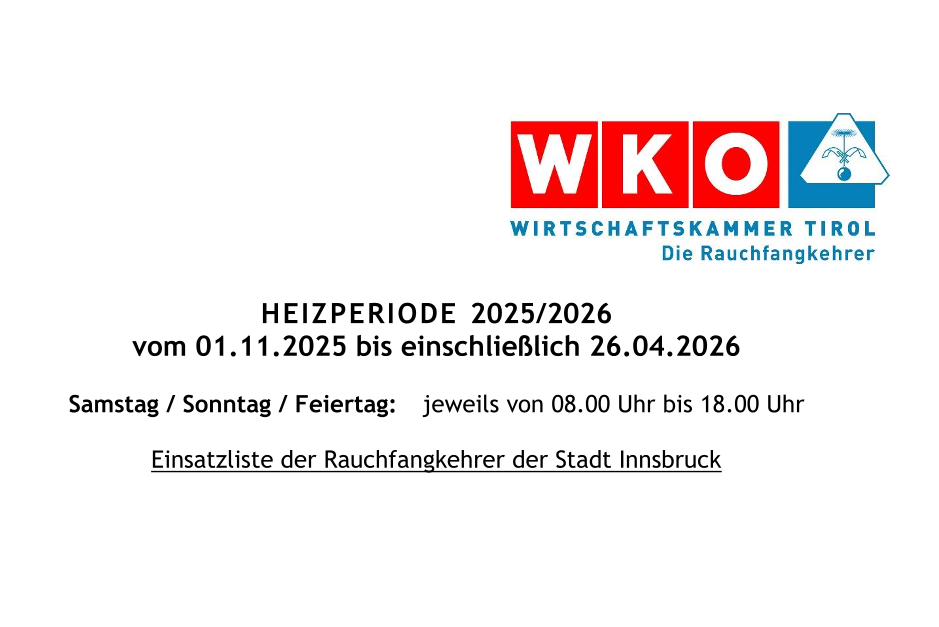Einsatzliste der Rauchfangkehrer:innen für die Heizperiode 202526 von 1. November 2025 bis 26. April 2026.